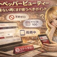 ホットペッパービューティーで新規が来ず限界を感じるサロンオーナーの女性が、集客処方箋と書かれた紙を手に悩んでいるイメージ画像