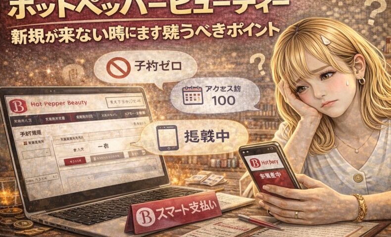 ホットペッパービューティーで新規が来ず限界を感じるサロンオーナーの女性が、集客処方箋と書かれた紙を手に悩んでいるイメージ画像