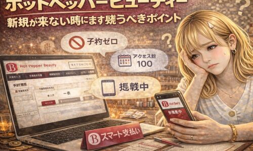 ホットペッパービューティーに掲載しているのに新規予約が入らず、管理画面やスマホを見ながら悩むサロン経営者の女性を描いたイメージ画像