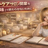 フットケアサロン開業を真剣に考える女性が、計画書やノートを前に将来を見据えて考えているイメージ画像