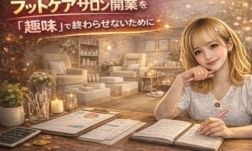 フットケアサロン開業を真剣に考える女性が、計画書やノートを前に将来を見据えて考えているイメージ画像