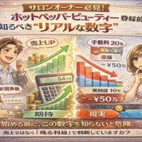 ホットペッパービューティー登録前に知るべきリアルな数字をテーマに、売上期待と現実の利益差を対比した日本風アニメ調インフォグラフィック