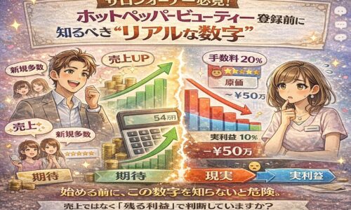 ホットペッパービューティー登録前に知るべきリアルな数字をテーマに、売上期待と現実の利益差を対比した日本風アニメ調インフォグラフィック