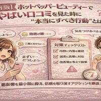 ホットペッパービューティーで悪い口コミを見た際の正しい対応方法を解説する、淡いピンク基調の日本風アニメ調アイキャッチ画像。スマホに表示された低評価口コミに悩むサロンスタッフと、対策チェックリストが描かれている。