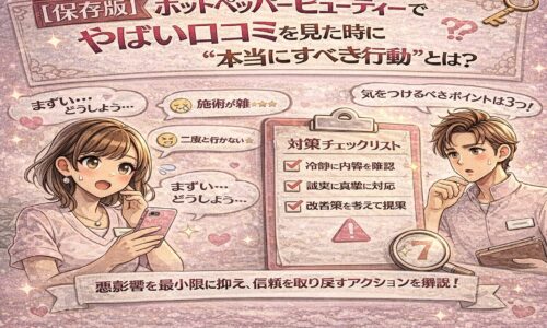 ホットペッパービューティーで悪い口コミを見た際の正しい対応方法を解説する、淡いピンク基調の日本風アニメ調アイキャッチ画像。スマホに表示された低評価口コミに悩むサロンスタッフと、対策チェックリストが描かれている。