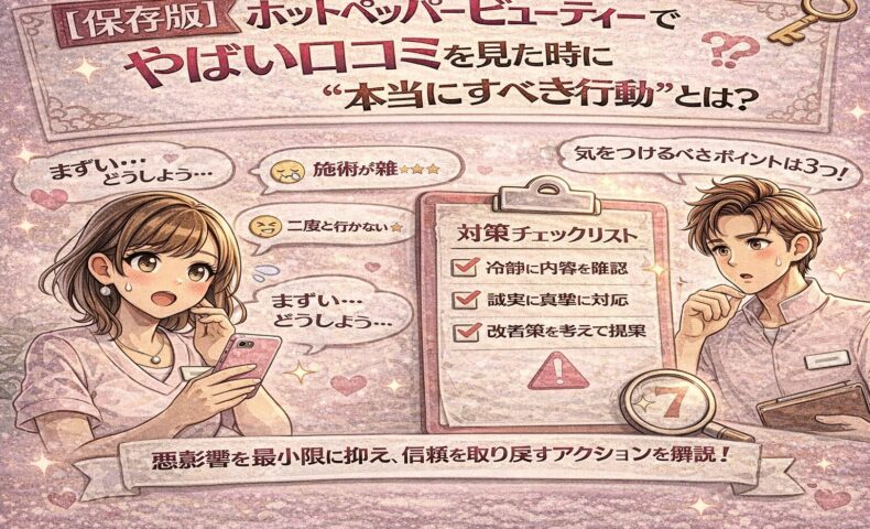 ホットペッパービューティーで悪い口コミを見た際の正しい対応方法を解説する、淡いピンク基調の日本風アニメ調アイキャッチ画像。スマホに表示された低評価口コミに悩むサロンスタッフと、対策チェックリストが描かれている。