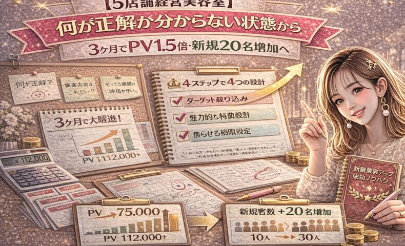 5店舗経営美容室の集客改善事例をテーマにしたアイキャッチ画像。ゴールドとピンクを基調に、「3ヶ月でPV1.5倍・新規20名増加」と大きく表示され、PV推移グラフや新規顧客数の増加データ、チェックリスト、売上資料が配置され、右側に成功ノウハウ冊子を持つ女性が描かれている。