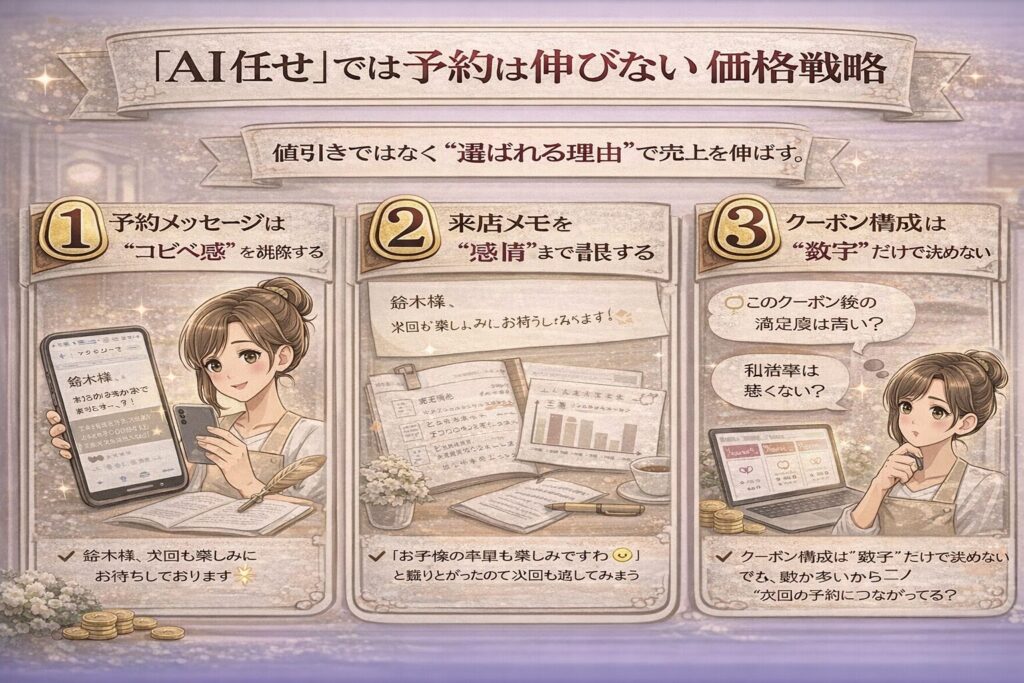 「AI任せでは予約は伸びない？」をテーマに、人がやるべき3つの工夫をまとめた横型インフォグラフィック画像。予約メッセージの工夫、来店メモの感情記録、クーポン構成の見直しを視覚的に整理している。