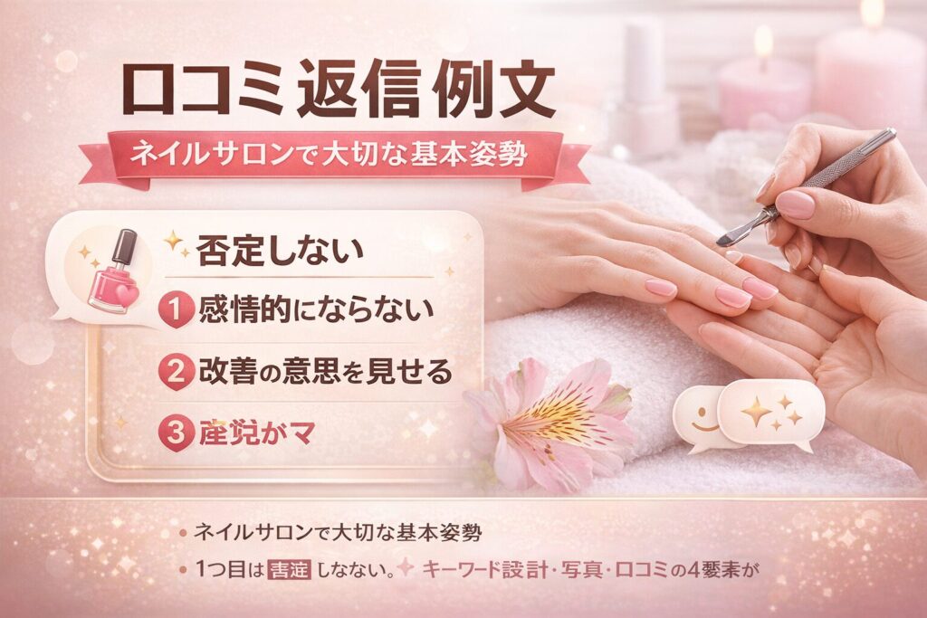 ネイルサロンの口コミ返信例文における基本姿勢を解説した横型画像。否定しない・感情的にならない・改善の意思を見せるという3つのポイントを紹介している。