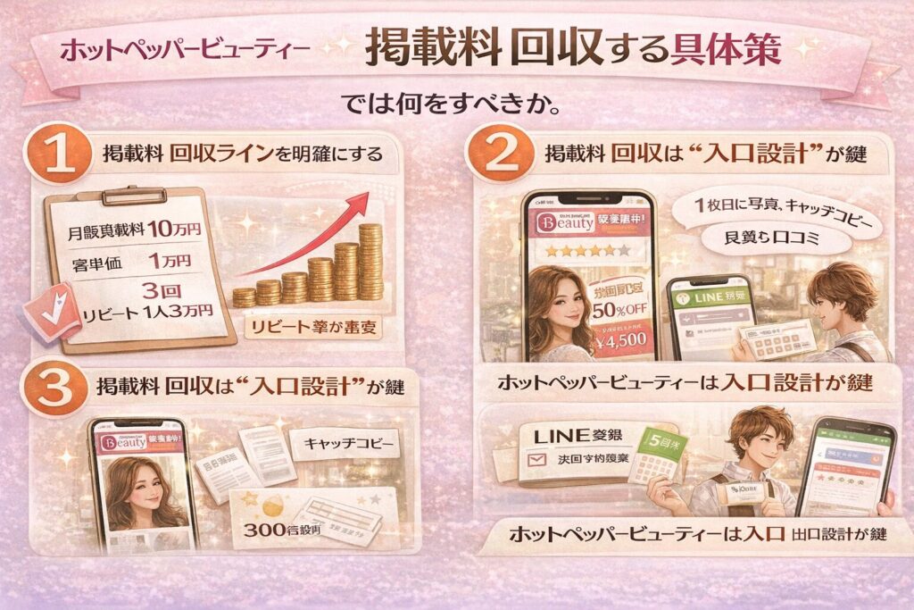 ホットペッパービューティーの掲載料を回収する具体策をまとめた横型インフォグラフィック。回収ラインの明確化、入口設計（写真・キャッチコピー・口コミ）、リピート設計（LINE登録・次回予約・回数券）の3要素を図解している。
