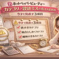ホットペッパービューティーのカテゴリ設計ミスをテーマにしたアイキャッチ画像。金とピンクを基調に、「今すぐ見直す3項目」と書かれたチェックリスト、虫眼鏡、売上計算用の電卓や書類、目を伏せて悩む女性が描かれている。