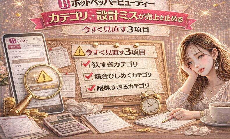 ホットペッパービューティーのカテゴリ設計ミスをテーマにしたアイキャッチ画像。金とピンクを基調に、「今すぐ見直す3項目」と書かれたチェックリスト、虫眼鏡、売上計算用の電卓や書類、目を伏せて悩む女性が描かれている。