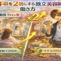 サロン勤務とフリー型の働き方の違いによる収入差を、施術中の美容師と高収入を得た独立美容師の対比で表現したアニメ風アイキャッチ画像