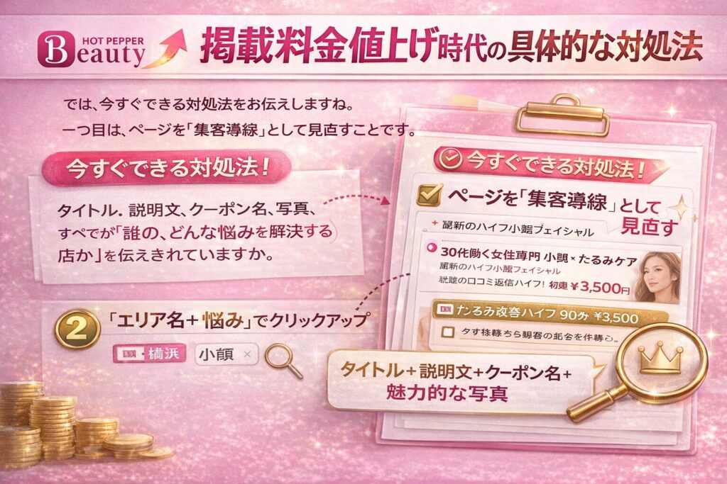 ホットペッパービューティー掲載料金値上げ時代の具体的な対処法を解説した横型インフォグラフィック。集客導線の見直しとエリア名＋悩み構成の重要性を示す画像。