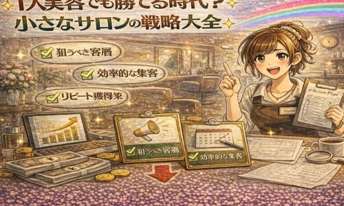 1人美容室でも成功できる時代をテーマに、戦略資料や売上上昇グラフを手に前向きに立つ美容師を描いたアニメ風アイキャッチ画像