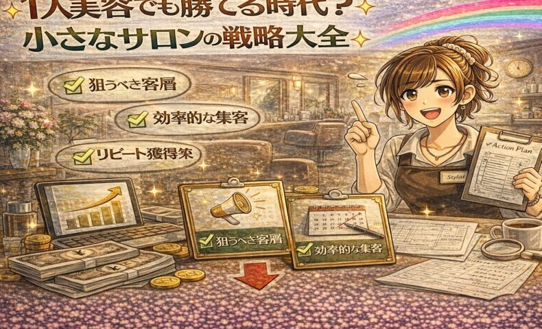 1人美容室でも成功できる時代をテーマに、戦略資料や売上上昇グラフを手に前向きに立つ美容師を描いたアニメ風アイキャッチ画像