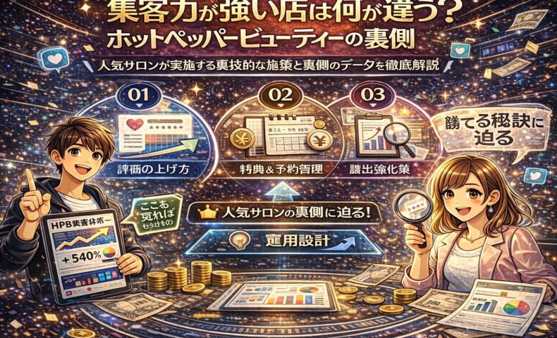 集客力が強い店舗と弱い店舗の違いを、データ分析や評価・露出・予約管理の観点から解説するホットペッパービューティー集客戦略のイラスト