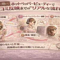 ホットペッパービューティーの口コミが投稿されてから審査・確認を経てサロンに反映されるまでの流れを、アニメ風イラストで3ステップに分かりやすく解説した図