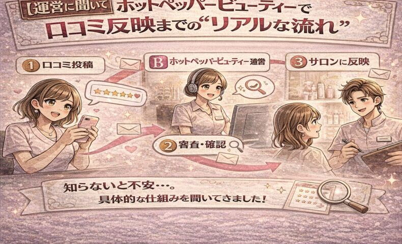ホットペッパービューティーの口コミが投稿されてから審査・確認を経てサロンに反映されるまでの流れを、アニメ風イラストで3ステップに分かりやすく解説した図