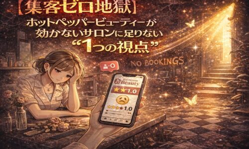 【集客ゼロ地獄】ホットペッパービューティーが効かないサロンに足りない1つの視点をテーマに、疲れた表情のサロンオーナーと低評価表示のスマートフォン、荒れた店内と光差す出口を描いたアニメ風イラスト