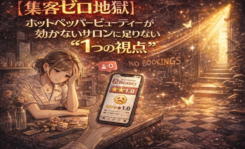 【集客ゼロ地獄】ホットペッパービューティーが効かないサロンに足りない1つの視点をテーマに、疲れた表情のサロンオーナーと低評価表示のスマートフォン、荒れた店内と光差す出口を描いたアニメ風イラスト