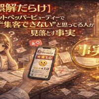 ホットペッパービューティーで集客できないという誤解と見落とされた事実をテーマに、悩むサロンオーナーと低評価表示のスマートフォン、事実を示す虫眼鏡を描いたアニメ風イラスト