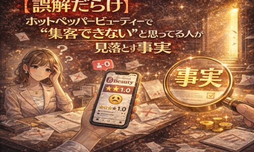 ホットペッパービューティーで集客できないという誤解と見落とされた事実をテーマに、悩むサロンオーナーと低評価表示のスマートフォン、事実を示す虫眼鏡を描いたアニメ風イラスト