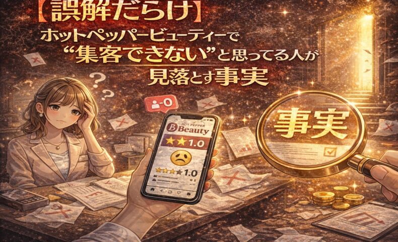 ホットペッパービューティーで集客できないという誤解と見落とされた事実をテーマに、悩むサロンオーナーと低評価表示のスマートフォン、事実を示す虫眼鏡を描いたアニメ風イラスト