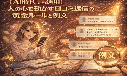 AI時代でも通用する口コミ返信の黄金ルールと例文をテーマに、スマートフォンで返信を書く女性と高評価レビュー、例文を示す虫眼鏡を描いた金色のアニメ風イラスト