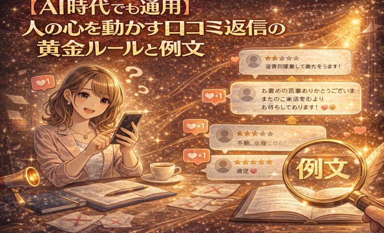 AI時代でも通用する口コミ返信の黄金ルールと例文をテーマに、スマートフォンで返信を書く女性と高評価レビュー、例文を示す虫眼鏡を描いた金色のアニメ風イラスト