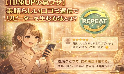 好印象な口コミ返信でリピーターを生む方法をテーマに、笑顔でスマートフォンに返信を書くサロンスタッフと高評価レビュー、リピートを示す循環アイコンを描いた明るいアニメ風イラスト