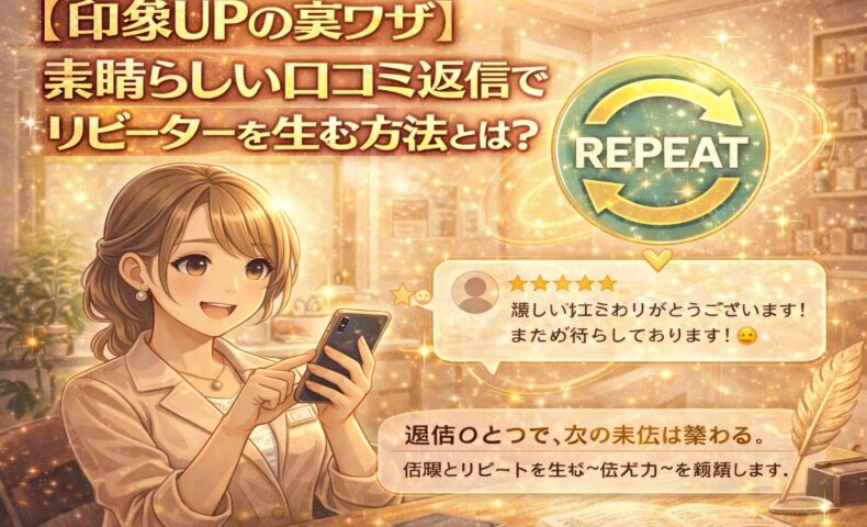 好印象な口コミ返信でリピーターを生む方法をテーマに、笑顔でスマートフォンに返信を書くサロンスタッフと高評価レビュー、リピートを示す循環アイコンを描いた明るいアニメ風イラスト