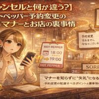 ホットペッパーの予約変更マナーとお店の裏事情を解説する、日本風アニメ調のアイキャッチ画像。スマートフォンで予約時間変更を確認する女性と、謝罪・案内メッセージ、サロン受付カウンターが描かれている。