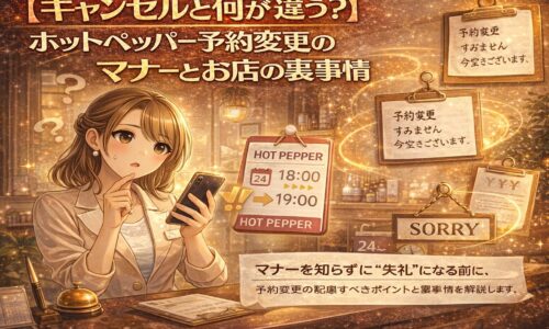 ホットペッパーの予約変更マナーとお店の裏事情を解説する、日本風アニメ調のアイキャッチ画像。スマートフォンで予約時間変更を確認する女性と、謝罪・案内メッセージ、サロン受付カウンターが描かれている。