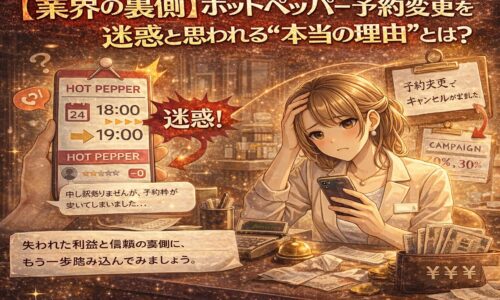 ホットペッパー予約変更が迷惑と思われる理由をテーマに、困惑したサロンスタッフと変更通知が表示されたスマートフォン、減少する利益を示す演出を描いたアニメ風イラスト