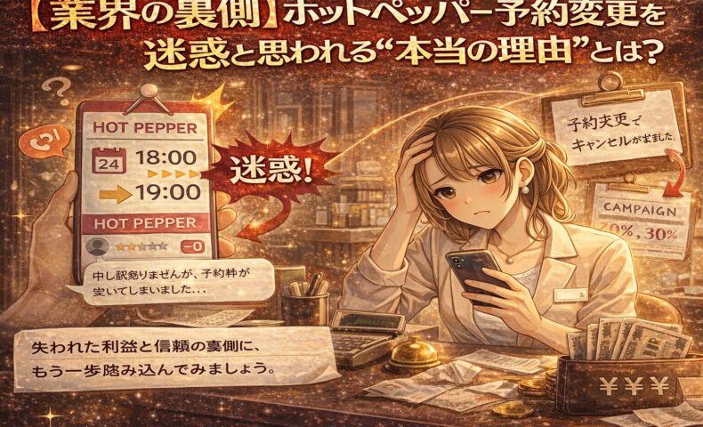 ホットペッパー予約変更が迷惑と思われる理由をテーマに、困惑したサロンスタッフと変更通知が表示されたスマートフォン、減少する利益を示す演出を描いたアニメ風イラスト