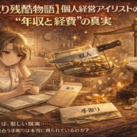 個人経営のアイリストが帳簿や領収書を前に悩み、収入と経費の天秤が描かれた年収の現実を表現するイラスト