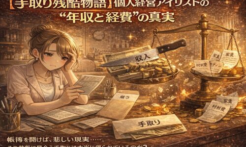 個人経営のアイリストが帳簿や領収書を前に悩み、収入と経費の天秤が描かれた年収の現実を表現するイラスト