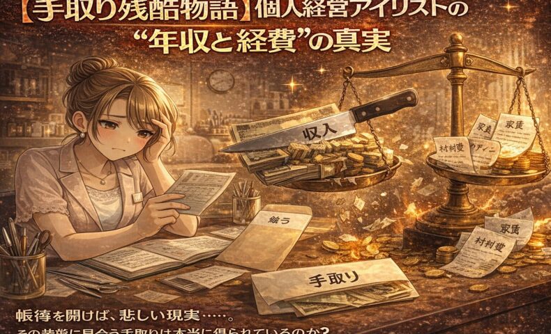個人経営のアイリストが帳簿や領収書を前に悩み、収入と経費の天秤が描かれた年収の現実を表現するイラスト