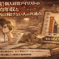 個人経営アイリストの年収や経費の現実をテーマにしたアニメ風イラスト。帳簿やグラフを前に悩む女性アイリストと、平均年収の数値が示された暗めのサロン背景が描かれている。