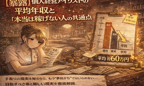 個人経営アイリストの年収や経費の現実をテーマにしたアニメ風イラスト。帳簿やグラフを前に悩む女性アイリストと、平均年収の数値が示された暗めのサロン背景が描かれている。