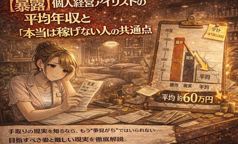 個人経営アイリストの年収や経費の現実をテーマにしたアニメ風イラスト。帳簿やグラフを前に悩む女性アイリストと、平均年収の数値が示された暗めのサロン背景が描かれている。