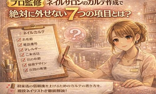 ネイルサロンのカルテ作成で外せない7項目を解説するアニメ風イラスト。ネイリストがチェックリスト付きのカルテを手に持ち、サロンの温かい雰囲気の中で説明しているビジュアル。