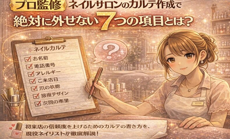 ネイルサロンのカルテ作成で外せない7項目を解説するアニメ風イラスト。ネイリストがチェックリスト付きのカルテを手に持ち、サロンの温かい雰囲気の中で説明しているビジュアル。