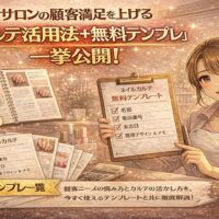 ネイルサロンの顧客満足を高めるカルテ活用法と無料テンプレート公開を紹介する、やわらかい色合いのアニメ風プロモーション画像。ネイリストがカルテ見本を手に持ち、記入例やテンプレート一覧が並んでいる様子が描かれている。
