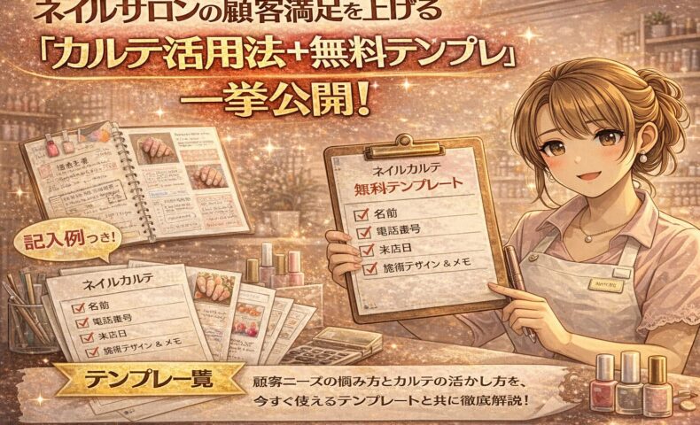 ネイルサロンの顧客満足を高めるカルテ活用法と無料テンプレート公開を紹介する、やわらかい色合いのアニメ風プロモーション画像。ネイリストがカルテ見本を手に持ち、記入例やテンプレート一覧が並んでいる様子が描かれている。