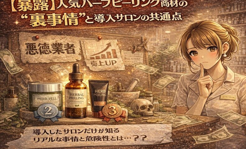 人気ハーブピーリング商材の裏事情と導入サロンの特徴を示す、エステティシャンと複数のスキンケア製品、比較グラフが描かれたアニメ風イラスト