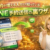 予約が増える人だけ知っているLINE予約送信の裏ワザを解説するアイキャッチ画像。LINE画面と女性モデル、金色の背景で予約増加を表現。
