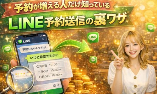 予約が増える人だけ知っているLINE予約送信の裏ワザを解説するアイキャッチ画像。LINE画面と女性モデル、金色の背景で予約増加を表現。