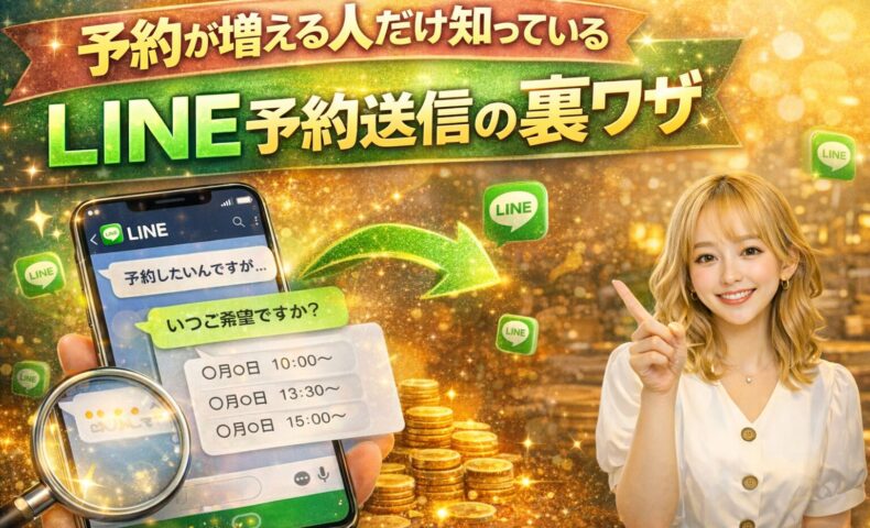 予約が増える人だけ知っているLINE予約送信の裏ワザを解説するアイキャッチ画像。LINE画面と女性モデル、金色の背景で予約増加を表現。